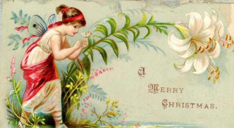 1880s Embossed Christmas & New Year Card Silk Fringe Fairy & Cherub SP5