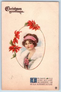 Christmas Postcard Greetings Pretty Woman Poinsettia Flowers Duncan Nebraska NE