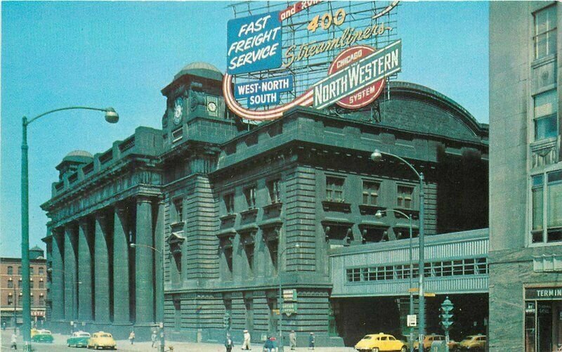 Autos Chicago Canal Madison Northwestern Teich 1950s Railroad Postcard 9089