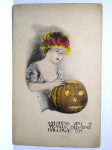 Halloween Postcard May L. Farini Hand Tinted Victorian Lady JOL Pumpkin M Cole 