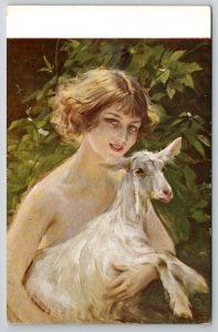 Tade Styka Polish Artist Pretty Woman Holding Goat Mascot In Forest Postcard C37