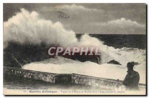 Old Postcard Biarritz Artistic Wave on the Dike of the Rock of the Virgin dur...