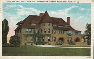Postcard Redstone Hall Girls' Dormitory University Vermont Burlington VT 1927