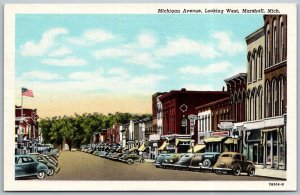 Marshall Michigan 1940s Linen Postcard Michigan Avenue Cars Flag Stores