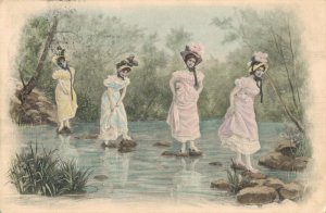 Art Nouveau Girls Stepping Stones Vienna Vintage Postcard 08.15