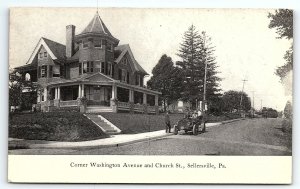 c1910 SELLERSVILLE PA CORNER WASHINGTON AVE AND CHURCH ST OLD CAR POSTCARD P3974