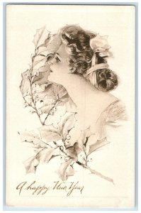 New Year Pretty Woman Curly Hair Berries Lafayette Minnesota MN Antique Postcard