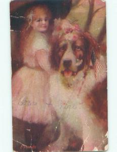 Pre-Linen patriotic AMERICAN FLAG BESIDE LARGE DOG AND CUTE GIRL k8318