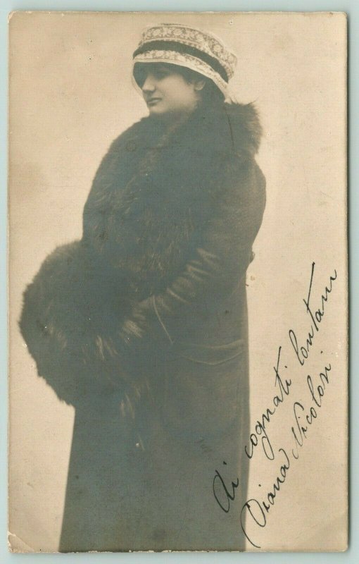 Diana Nicolosi~Italian Actress? Long Fur Coat~Lace Cloche Hat~Firenze c1912 RPPC 