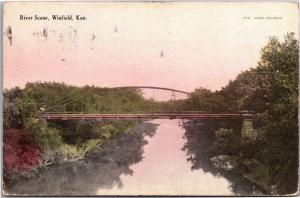 River Scene, Bridge, Winfield Kansas Hand Colored Vintage Postcard H03