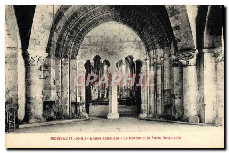 Postcard Old T and G Moissac abbey church narthex and restored the door