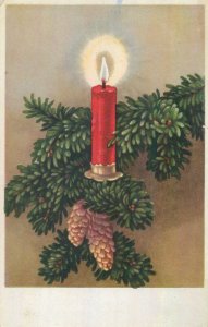 Postcard Greetings light candle tree branch pine fire red christmas