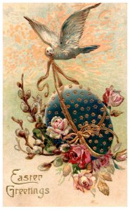 Easter Dove flying with Egg and flowers