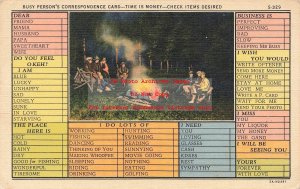 Curt Teich Linen Postcard, Busy Person's Correspondence Card, Camp Fire
