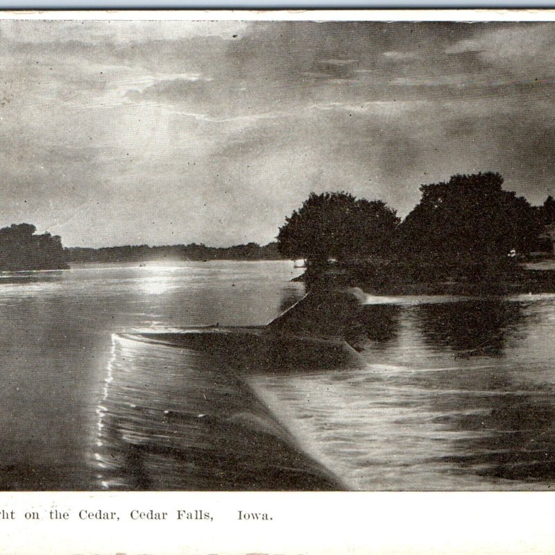 c1900s Cedar Falls, IA Moonlight Cedar River Dam Night Photo Litho Postcard A63