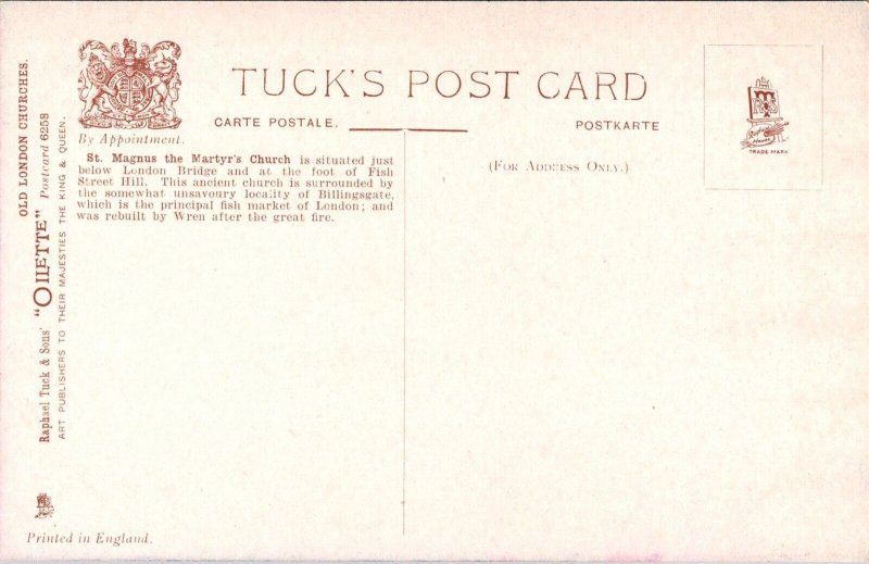 St Magnus the Martyr Old London Churches Tucks 6258 Vintage Postcard A58