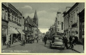 denmark, FREDERICIA, Jutland, Danmarksgade, Shops, Cars (1930s) Postcard