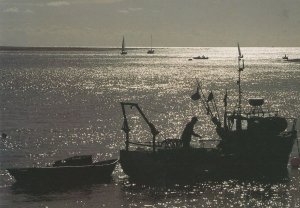 Fishing Boat Trawler at Dusk Aberdovey Harbour Rare Welsh Postcard