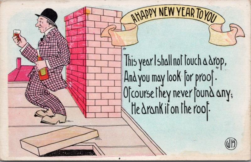 'A Happy New Year To You' Funny Drunk Poem Roof Alcohol Unused WH Postcard E25