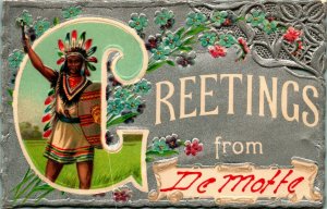 Diecut Embossed Greetings From De Motte Native American Vtg United Art Postcard