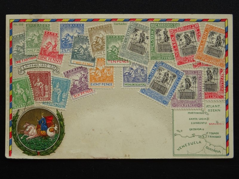 Caribbean BARBADOS Philately STAMPS, MAP & HERALDIC ARMS c1910 Embossed Postcard