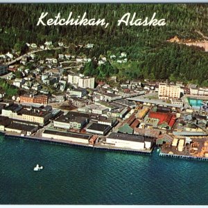 c1950s Ketchikan, AK Birds Eye Aerial View Chrome Photo Harbor Downtown Vtg A144