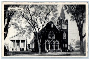 c1920's Catholic Church Building Tower Roadside Mystic Connecticut CT Postcard