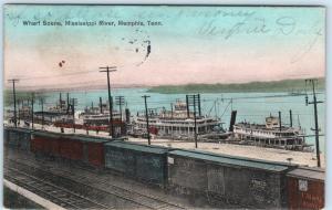 MEMPHIS, Tennessee TN   Handcolored WHARF SCENE with Trains 1908  Postcard