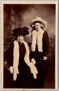 Woman & Daughter Formal Dress White Fur, Black & White Hat, Real Photo, Postcard