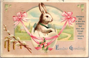 Easter PC White Bunny Rabbit Sitting in Broken Eggshell Hammock Pussy Willow