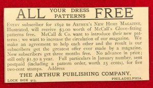 1892 Arthur Publishing Company Philadelphia Penn. Victorian Print Ad 2V1-103