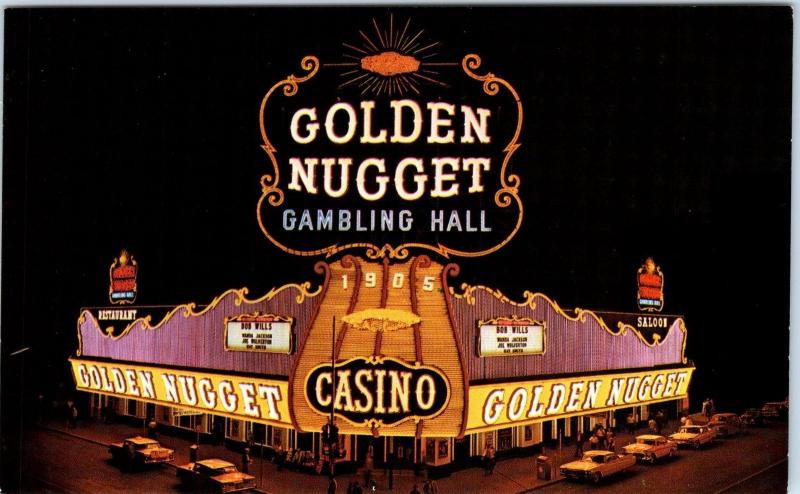 LAS VEGAS, NV Nevada  GOLDEN NUGGET  CASINO Nite View  c1960s Cars  Postcard