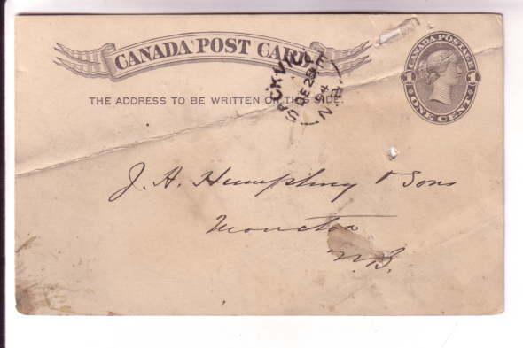 Canadian Postal Stationery, Victoria, 1 Cent Black, Used 1894 New Brunswick