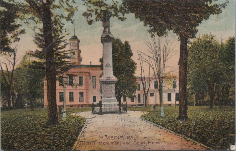 Postcard Soldiers Monument and Court House Media PA 1907