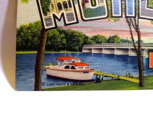 Greetings From McHenry Illinois Large Big Letter Linen Postcard Curt Teich Boat 