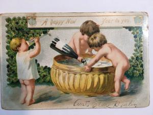 R Tuck A Happy New Year to You Babies Drinking Champagne Vintage Postcard 