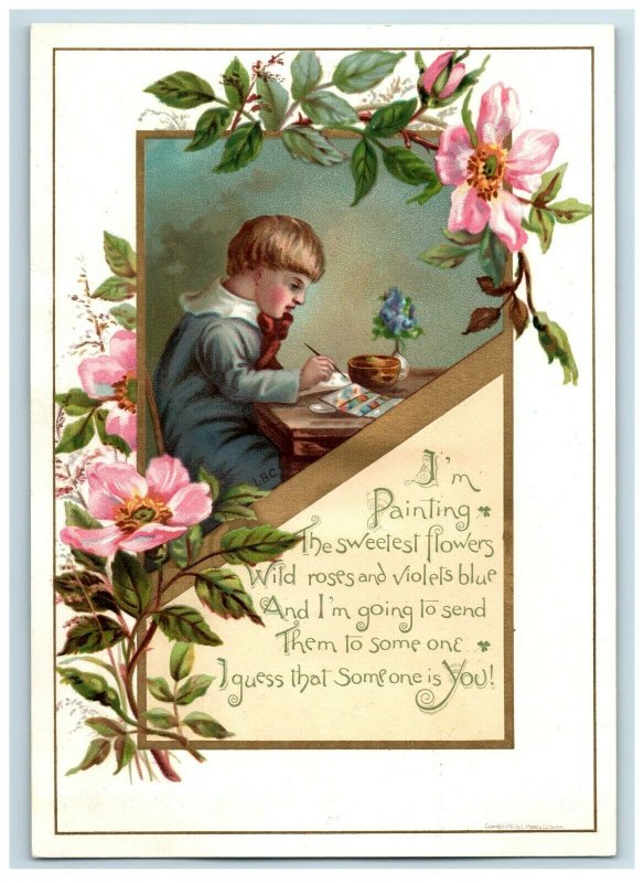 1882 Victorian Valentine's Card Adorable Boy Writing Poem Butterflies #5D