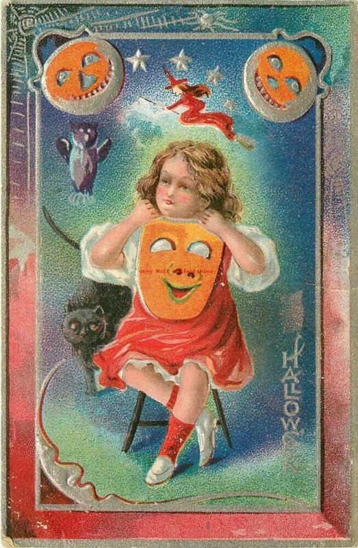 Halloween, Little Girl With JOL Mask, Witch, Owl, Series No. 5
