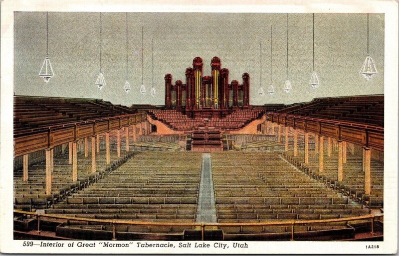 Great Mormon Tabernacle Building Interior Salt Lake City Utah WB Postcard 