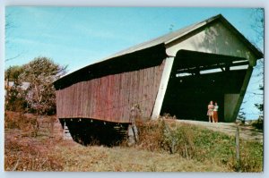 1960 Fairfield County Ohio Postcard Pretty As a Picture Coat Red Covered Bridge