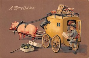Christmas Greetings Pig Carriage Money Bag Vintage Postcard AA72062