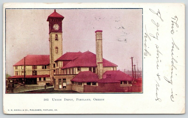 Portland OR~Grey Stone~Red Brick Union Depot~10:52 AM on Clock Tower~Smokestack 