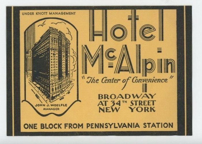 1930's-40's Hotel McAlpin New York Luggage Label EVN2