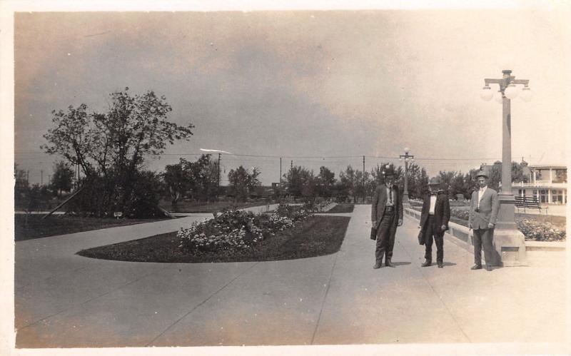 Lethbridge Alberta~3 Businessmen in Public Park~Briefcases~1930 Real Photo~RPPC 