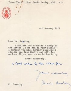 Denis Healey Vintage 1971 House Of Commons Hand Signed Letter