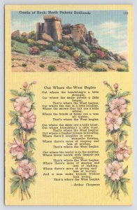 Badlands ND~Castle Of Rock~Chapman Poem “Out Where The West Begins”~Vtg Linen PC