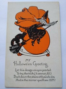 Vintage Halloween Postcard Metropolitan News 1133 Black Cat Witch Non Posted
