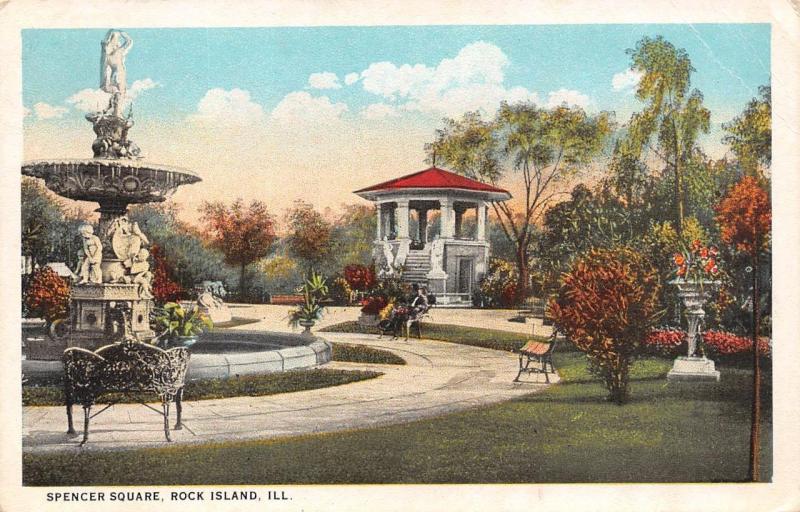 ROCK ISLAND, IL Illinois  SPENCER SQUARE  Fountain & Pavilion   c1920's Postcard