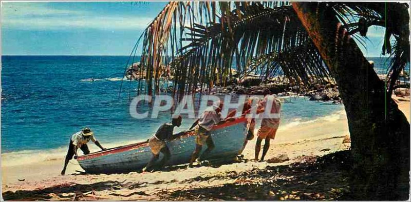 Modern Postcard Seychelles Islands the end of the day fishermen