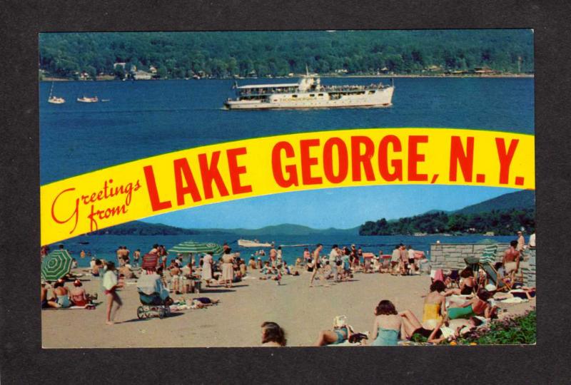 NY Greetings from Lake George New York Postcard Million Dollar Beach Tour Boat